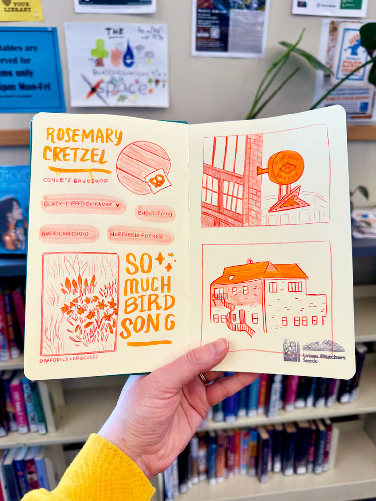 Bright orange and pink collage of drawings, including a rosemary cretzel, some new flowers poking up, signs for a restaurant called Flint Creek Cattle Co, a brick building, and names of birds contributing bird song