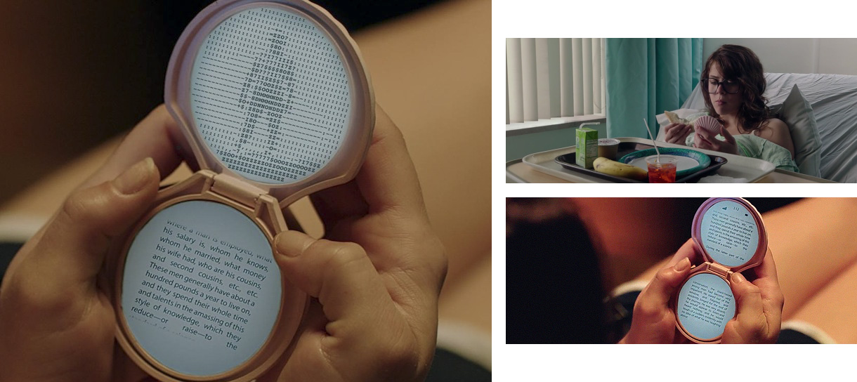 Screenshots from the film It Follows showing a character using a phone or e-reader shaped like a seashell