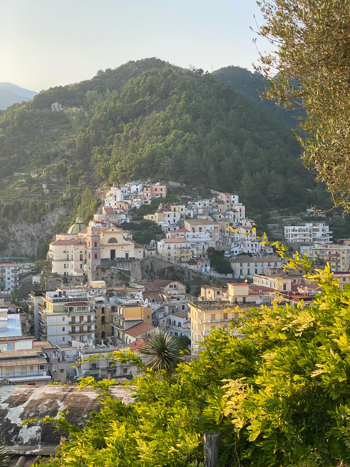 A bunch of small buildings in pastel shades clustered together on a green cliff in Maiori. A golden hour sun washes over the entire cliff.